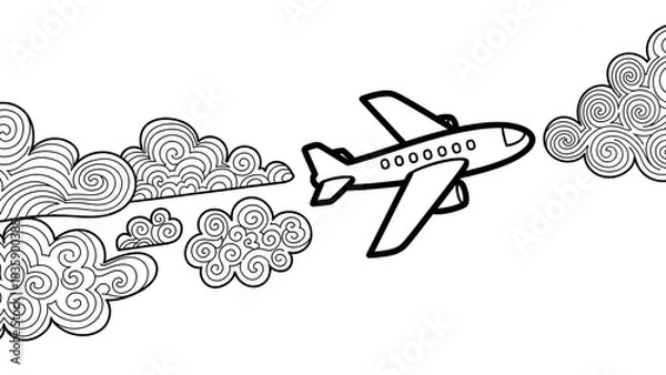 Obraz A black and white drawing of an airplane flying through clouds, simple and clean.