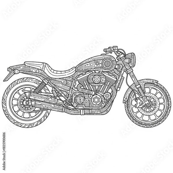 Obraz Intricate black and white illustration of a motorcycle, showcasing detailed mechanical components.