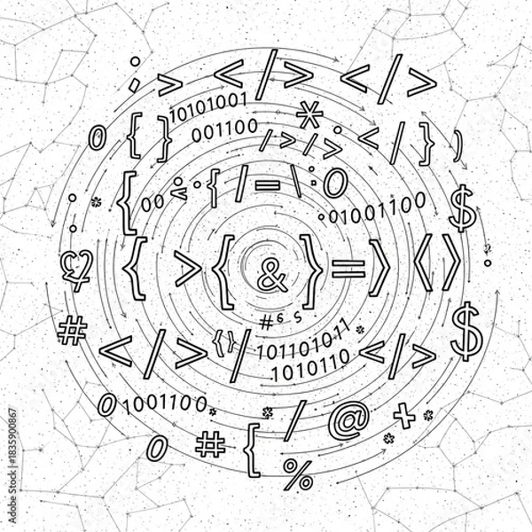 Obraz A swirling vortex of programming symbols, binary code, and mathematical operators against a starry background.