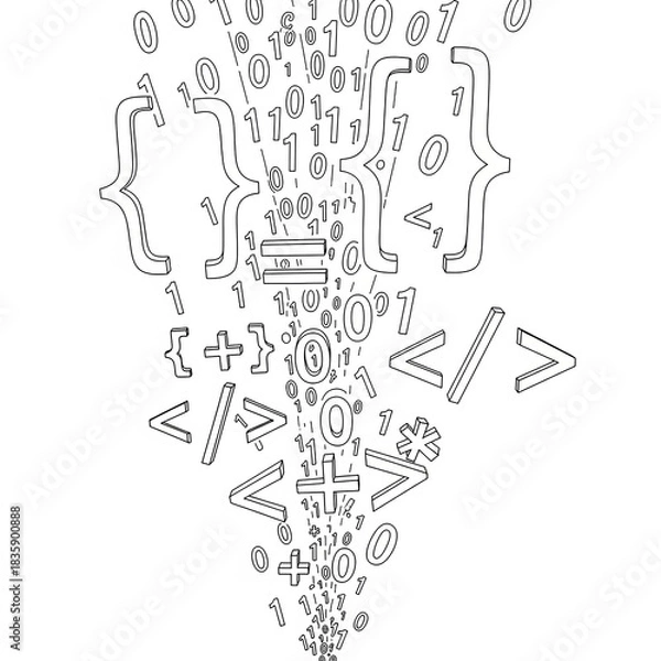 Obraz Abstract representation of programming code and binary data flowing downwards, featuring curly braces, operators, and digits.