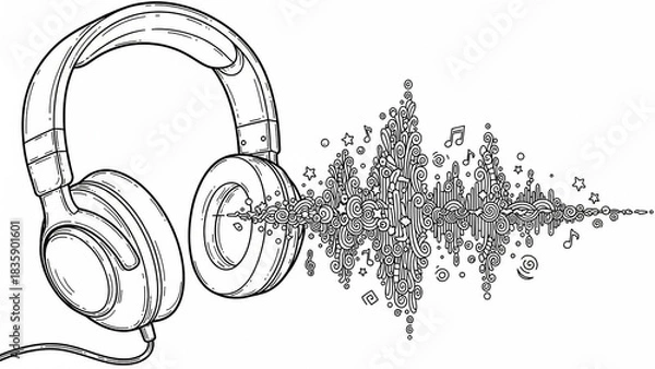 Obraz Black and white illustration of headphones with sound waves, musical notes, and stars emanating from the earcups.