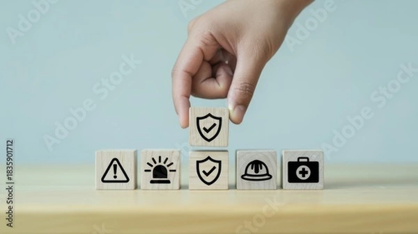 Obraz Safety First: a hand carefully places a block, completing a formation of symbols representing health, caution and security, symbolizing the concept of protection and responsibility.