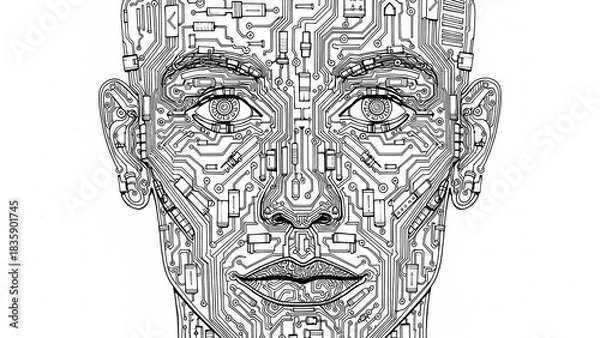 Obraz Conceptual black and white illustration of a human face made from a detailed electronic circuit board.