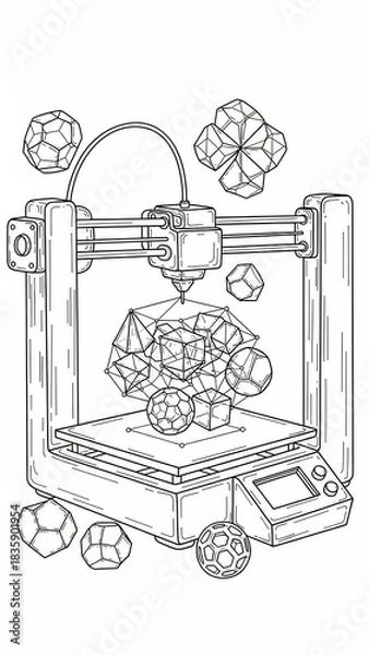 Obraz A 3D printer creating intricate geometric shapes, surrounded by various polyhedra, in a detailed line art style.