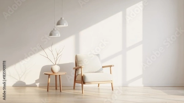 Obraz Serene Living Space: An inviting minimalist interior featuring a comfortable armchair, a small side table with a vase and decorative branches, illuminated by the gentle embrace of sunlight. 