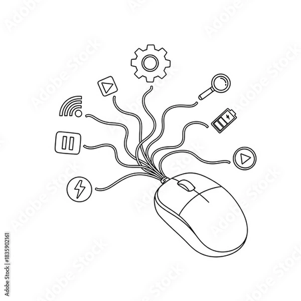 Obraz A computer mouse with various icons representing different functions and features connected by wires.