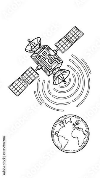Obraz A detailed line art illustration of a communication satellite orbiting Earth and transmitting signals.