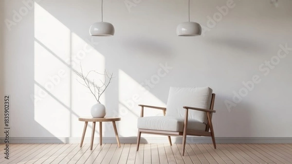 Obraz Serene Interior Scene: A modern living space bathed in soft light, featuring minimalist furniture and a touch of nature's beauty to create a peaceful environment.