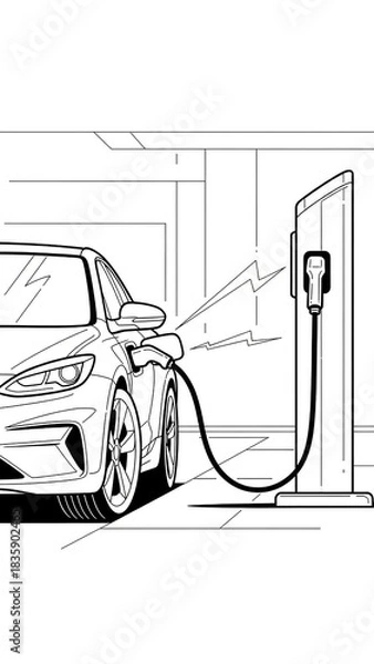 Obraz Line art illustration of a modern electric car plugged into a charging station, refueling its battery with sustainable energy.