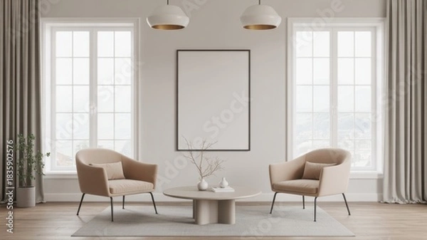 Obraz Minimalist Living Room Elegance: A tranquil living room with clean lines, soft textures, and a balance of natural light, offering a canvas for modern living and comfort.