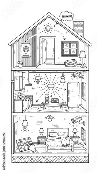Obraz Black and white line art illustration of a three-story smart home with various connected devices and automation features, showcasing modern technology.