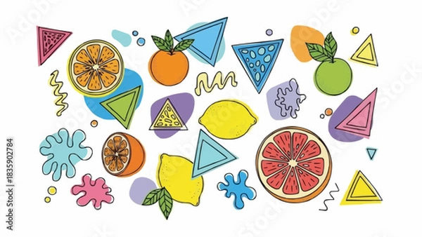 Fototapeta Vibrant Citrus Fruit Medley with Geometric Shapes and Playful Splatters.