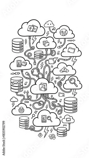 Obraz Illustration depicting cloud computing, data storage, and interconnected digital networks.