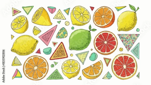 Fototapeta Colorful citrus fruit slices and whole fruits arranged artistically.