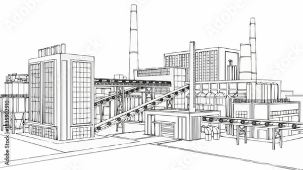 Fototapeta Industrial factory complex with multiple buildings and smokestacks in line art.
