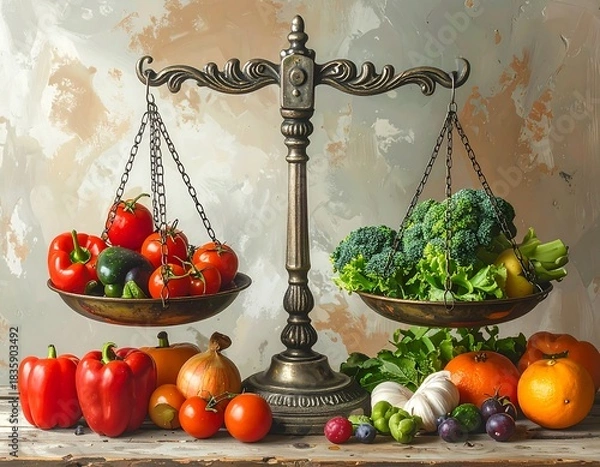 Obraz Antique scale balancing fresh produce tomatoes, peppers, and broccoli