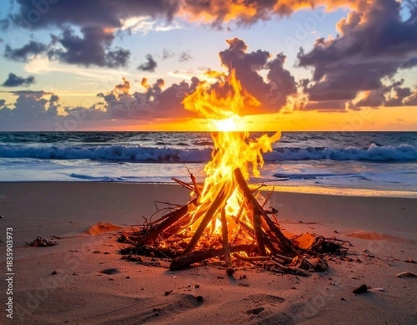 Obraz Beach bonfire burning brightly with ocean waves under a vibrant sunset