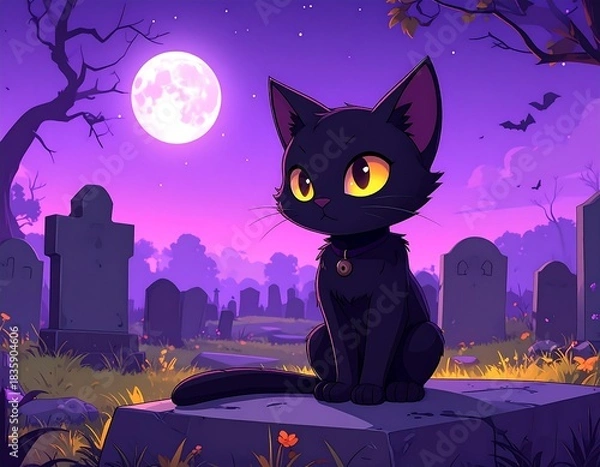 Obraz Cartoon black cat sits calmly in a graveyard at night under a full moon