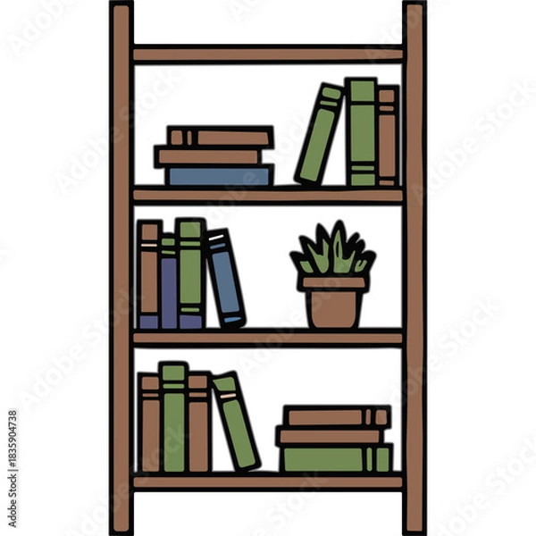 Fototapeta Wooden Bookshelf Filled With Assorted Books and a Potted Plant in a Neutral Color Palette With Simple Clean Lines and a Soft Natural Light