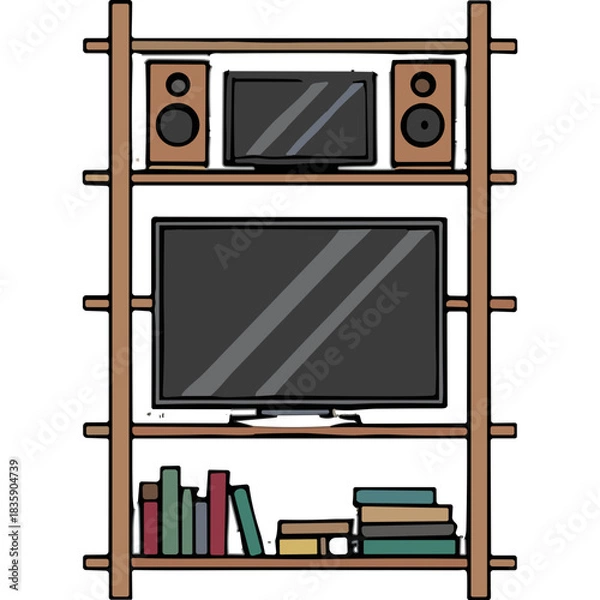 Fototapeta Wooden Bookshelf Displaying Audio Equipment A Television And Books On Shelves With Simple Hand Drawn Illustration Style On A Black Background