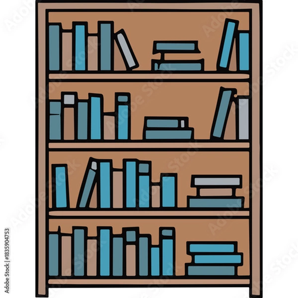 Fototapeta Wooden Bookshelf Filled With Blue and Grey Books of Various Sizes Against a Black Background Simple Hand Drawn Style