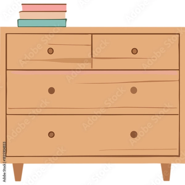 Fototapeta Wooden Dresser With Stacked Books Natural Wood Finish And Simple Drawer Pulls In Light Neutral Tones Neutral Background With Subtle Texture