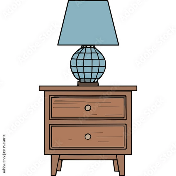 Fototapeta Wooden Nightstand With Two Drawers Featuring A Blue Lampshade And A Globe Shaped Lamp Base Illuminated In A Dimly Lit Room With A Dark Background