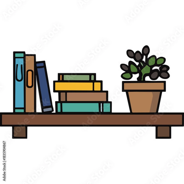 Fototapeta Wooden Shelf Displaying Stacked Books and Potted Plant with Green Leaves Against a Solid Background
