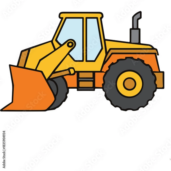Fototapeta Yellow and Orange Construction Front Loader Vehicle with Large Tires and Bucket Illustration