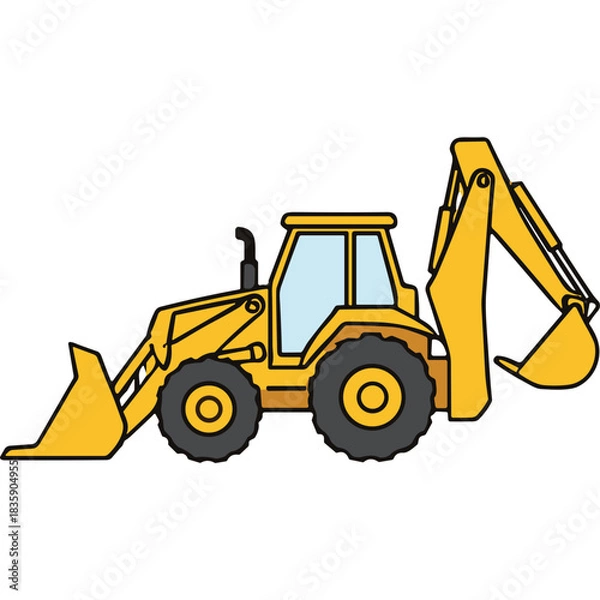 Fototapeta Yellow Backhoe Loader Construction Vehicle with Front Loader and Excavator Arm in Profile View on Black Background