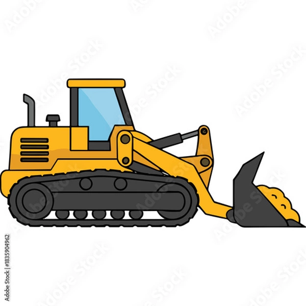 Fototapeta Yellow Bulldozer Construction Vehicle With Tracks and Front Loader on a Black Background Detailed Illustration