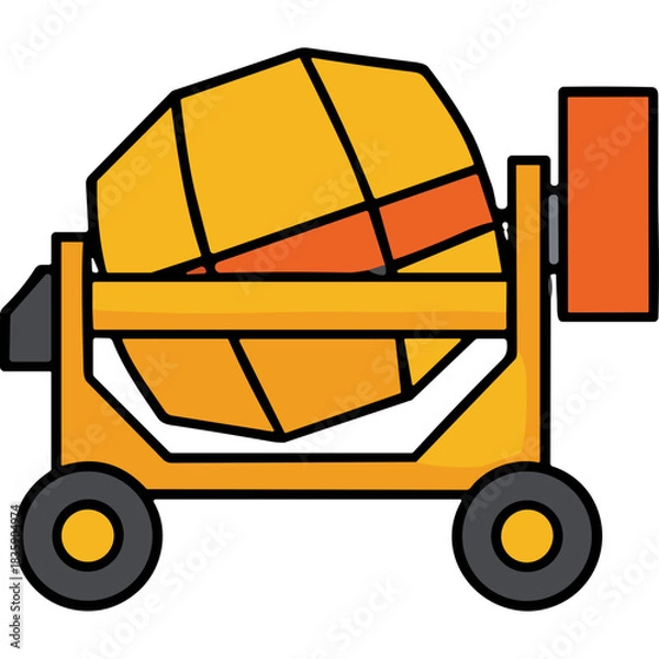 Fototapeta Yellow Concrete Mixer Machine on Wheels with Orange Drum Detail and Orange Power Unit on Black Background Minimalist Flat Design