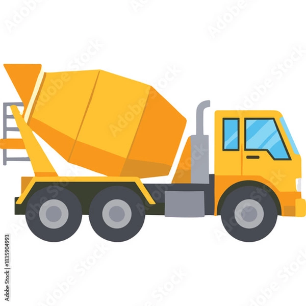 Fototapeta Yellow Concrete Mixer Truck Vehicle with Large Rotating Drum and Four Wheels on a Black Background Simple Flat Design