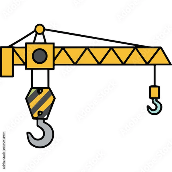 Fototapeta Yellow Construction Crane With Black and Yellow Hook Lifting Object With Black Background