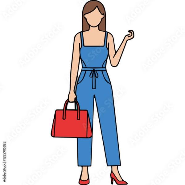 Fototapeta Woman Wearing Blue Overalls and Holding a Red Handbag with a Black Background and Transparent Background