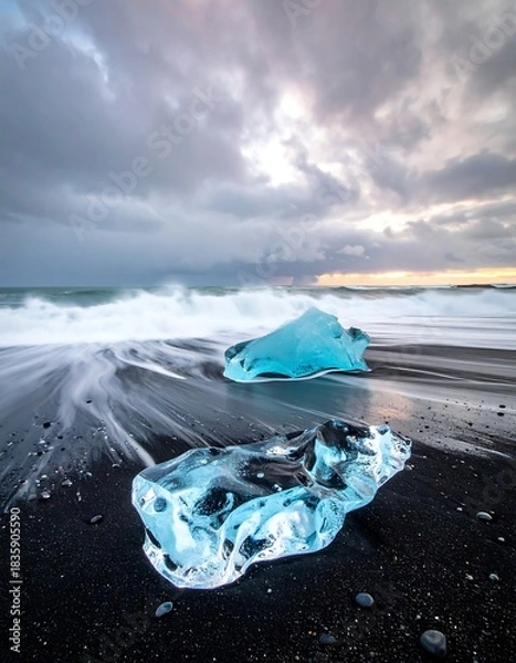 Obraz Clear blue glacial ice blocks on a black sand beach under a cloudy sky