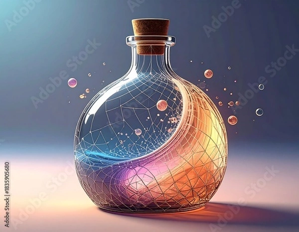 Obraz Clear glass bottle with cork, abstract forms and a network inside