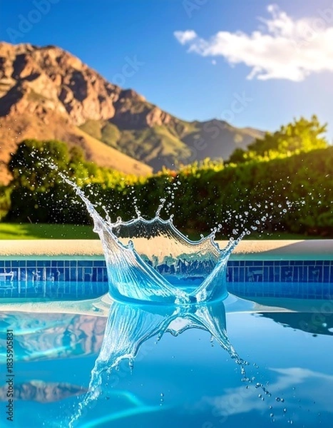 Obraz Clear water splash in pool reflecting sunlight, with mountain