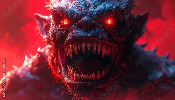 Obraz Close-up of a demonic creature with glowing eyes, fearsome teeth