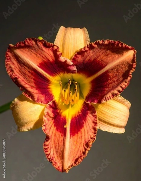 Obraz Close-up of a striking, multi-colored flower, centered against gray