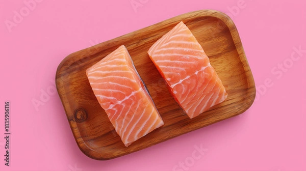 Obraz two salmon fillets on a wooden board. pink background