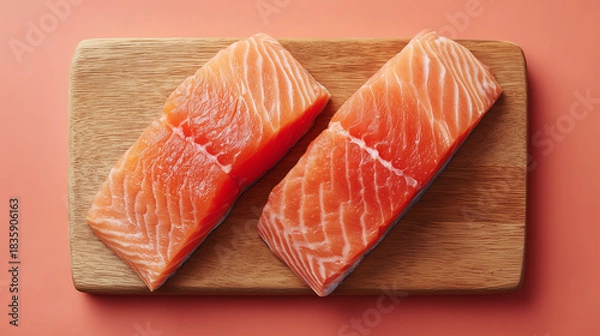 Obraz two salmon fillets on a wooden board. pink background
