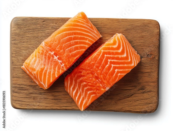 Obraz two salmon fillets on a wooden board. pink background