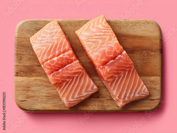 Obraz two salmon fillets on a wooden board. pink background