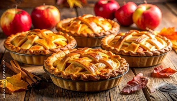 Obraz Close-up of four mini lattice-top baked fruit pies with apples