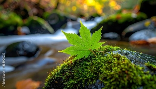 Obraz Close-up of a vibrant green leaf on mossy rock by flowing water