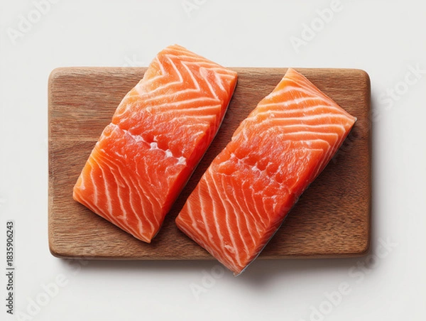 Obraz two salmon fillets on a wooden board. white background