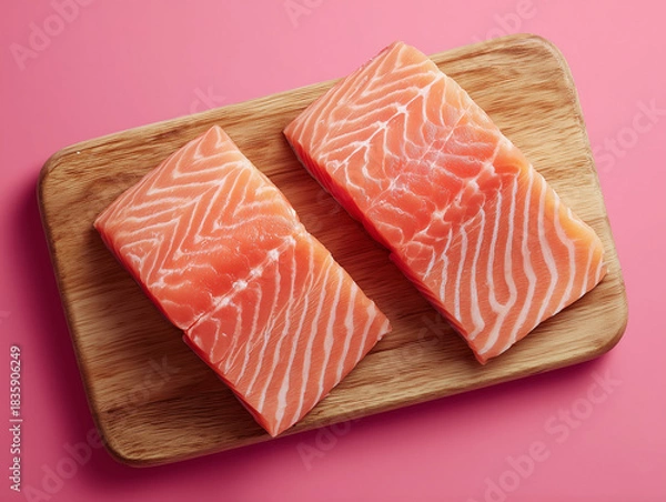 Obraz two salmon fillets on a wooden board. pink background