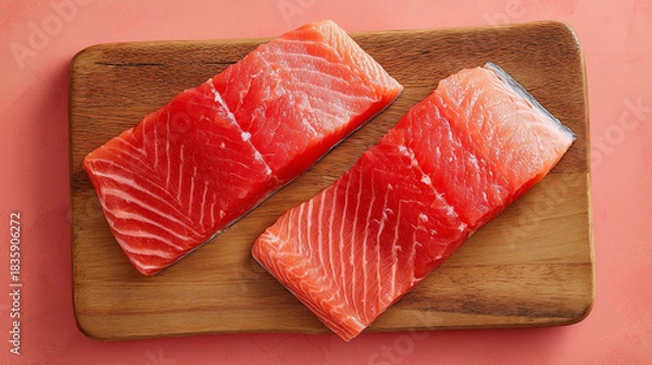 Obraz two salmon fillets on a wooden board. pink background