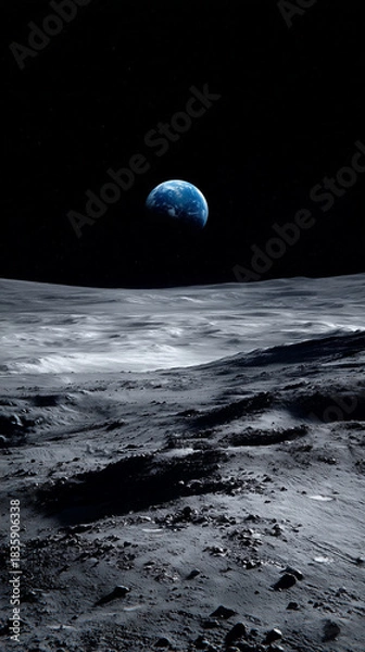 Obraz Moon Surface and earth | Cinematic extreme wide shot of the moon surface, gray cratered lunar dust. In the pitch black sky, a bright blue Earth hangs in the distance.